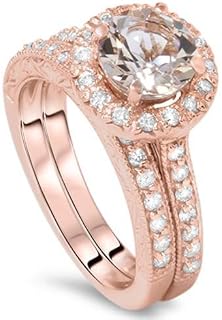Pompeii 1 7/8CT Vintage Morganite & Diamond Engagement Wedding Ring Set 14K Rose Gold