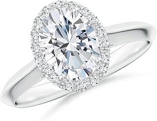 Angara Lab Grown Oval Diamond Halo Knife-Edge Shank Engagement Ring in Silver / 14K Solid Gold/Platinum | April Birthstone, Birthday, Anniversary, Wedding Jewelry Gift for Women