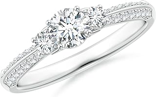 Angara Lab Grown Three Stone Diamond Ring with Knife-Edge Shank in Silver / 14K Solid Gold/Platinum | April Birthstone, Birthday, Engagement, Anniversary, Wedding Jewelry Gift for Women