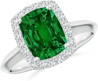 Angara Lab Grown Cushion Rectangular Emerald Halo Knife-Edge Shank Engagement Ring in 14K Solid Gold/Platinum | May Birthstone, Birthday, Anniversary, Wedding Jewelry Gift for Women