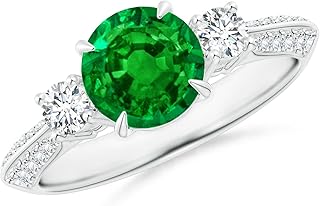 Angara Lab Grown Emerald Ring for Women | Lab-Grown Three Stone Emerald and Diamond Knife-Edge Shank Ring in 14K Solid Gold/Platinum | May Birthday, Gemstone Jewellery Gift