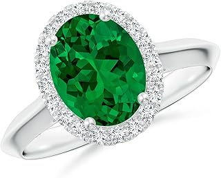 Angara Lab Grown Oval Emerald Halo Knife-Edge Shank Engagement Ring in 14K Solid Gold/Platinum | May Birthstone, Birthday, Anniversary, Wedding Jewelry Gift for Women