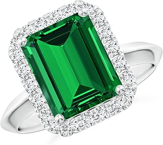 Angara Lab Grown Emerald Engagement Ring for Women | Lab Emerald-Cut Emerald Halo Knife-Edge Shank Ring in 14K Solid Gold/Platinum | May Birthday, Gemstone Jewellery Gift