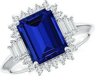 Angara Lab Grown Blue Sapphire Ring for Women | Emerald-Cut Lab-Grown Blue Sapphire Halo Knife-Edge Shank Engagement Ring in 14K Solid Gold/Platinum