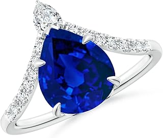 Angara Lab Grown Blue Sapphire Engagement Ring for Women | Lab Pear Blue Sapphire and Diamond Chevron Ring in 14K Solid Gold/Platinum | September Birthday, Gemstone Jewellery Gift