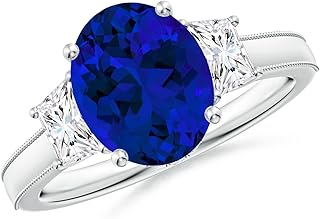 Angara Oval Lab Grown Blue Sapphire and Trapezoid Diamond Hidden Halo Engagement Ring in 14K Solid Gold/Platinum | Birthday, Anniversary, Wedding Jewelry Gift for Women