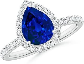 Angara Lab Grown Blue Sapphire Engagement Ring for Women | Lab Pear-Shaped Blue Sapphire Classic Halo Ring in 14K Solid Gold/Platinum | September Birthday, Gemstone Jewellery Gift