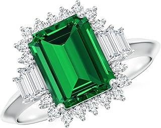 Angara Lab Grown Emerald Ring for Women | Emerald-Cut Lab-Grown Emerald Halo Knife-Edge Shank Engagement Ring in 14K Solid Gold/Platinum