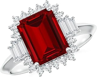 Angara Lab Grown Ruby Engagement Ring for Women | Emerald-Cut Lab-Grown Ruby Halo Knife-Edge Shank Engagement Ring in 14K Solid Gold/Platinum | July Birthday, Gemstone Jewellery Gift
