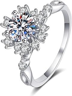 9K White Gold Ring for Women, Women Rings Wedding Luxury Round Lab Diamond Flower and Moissanite Wedding Bands White Gold