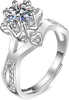 Wedding Band White Gold Rings for Women 14K, Women's Promise Ring Adjustable Luxury Heart Flower 1ct Round Lab Diamond and Moissanite Wedding Rings White Gold
