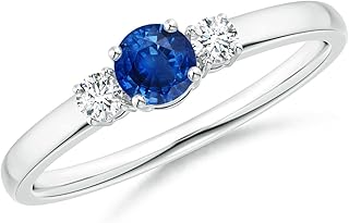 Angara Natural Blue Sapphire Engagement Ring for Women | Classic Round Blue Sapphire and Diamond Three Stone Ring in 14K Solid Gold/Silver/Platinum | September Birthday, Gemstone Jewellery Gift