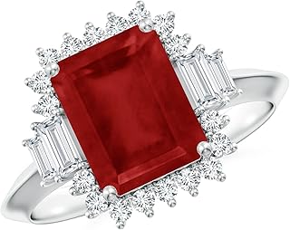 Angara Emerald-Cut Ruby Halo Knife-Edge Shank Engagement Ring in 14K Solid Gold/Platinum | Natural Ruby Halo Ring for Women | July Birthday, Gemstone Jewelry Gift