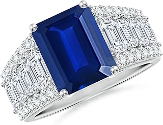 Angara Lab Grown Blue Sapphire Engagement Ring for Women | Emerald-Cut Lab Blue Sapphire Broad Ring in 14K Solid Gold/Platinum | September Birthday, Gemstone Jewellery Gift