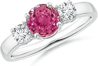 Angara Natural Pink Sapphire Engagement Ring for Women | Classic Round Pink Sapphire and Diamond Three Stone Ring in 14K Solid Gold/Silver/Platinum | April Birthday, Gemstone Jewellery Gift
