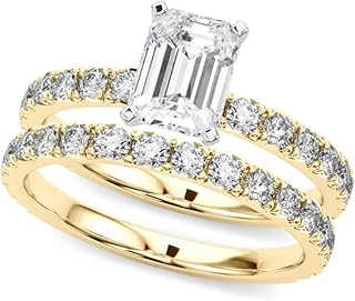 Rylos 14K White/Rose/Yellow Gold Emerald Cut Engagement Ring + Wedding Band set | Certified Lab Grown Diamonds | VS-SI Quality | Available in Size 5-10