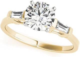 Three Stone Lab Grown Diamond Engagement Ring | Round Cut Centre Solitaire with Baguette Side Diamonds | 0.50-5.00ct D/VVS | Solid Platinum, 9K/18K Gold, Silver Ring for Women | Trilogy Design