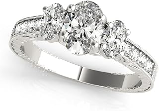 Oval Three Stone Lab Grown Diamond Engagement Ring | 0.50ct–5.00ct D/VVS | Prong Set with Pave Side Stones | Vintage Milgrain & Engraved Tapered Shank | Solid 9K/18K Gold, Platinum or 925 Silver
