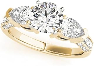 3 Stone Lab Grown Diamond Engagement Ring | 0.50ct–5.00ct D/VVS | Round Cut Center with Pear Side Stones | Vintage Milgrain Round Shank | Solid 9K/18K Gold, Platinum or Silver | Trilogy Design