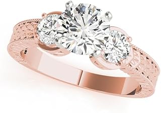 3 Stone Round Cut Lab Grown Diamond Engagement Ring | 0.50ct–5.00ct D/VVS | Prong Set with Engraved Milgrain Shank | Solid 9K/18K Gold, Platinum or 925 Silver | Vintage Trilogy Style | Proposal Ring