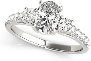 Oval Cut Solitaire Halo with Round Pave Set Side Accents | Three Stone Lab Grown Diamond Engagement Ring | Solid Silver, 9K/18K Gold or Platinum Ring | D/VVS, 0.50Ct-5.00Ct | Timeless Luxurious Ring