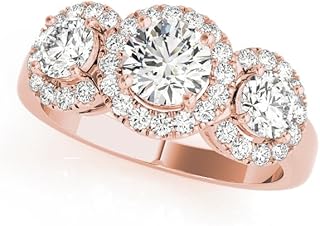 Classic Three Stone Lab Grown Diamond Engagement Ring | Round Center with Side Accents | Micro Pave Set Flower Ring | Available in Solid(9K/18K), Platinum or Silver | Luxurious Trilogy Ring