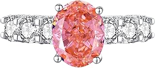 Promise Rings For Her, 9K/14K/18K White Gold/PT950 Platinum Ring with 4 Claws Oval Shape Gemstone and Moissanite