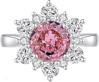 Women Ring Band, Women's 9K/14K/18K White Gold/Platinum 950 Flower with 2ct Round Lab Created Padparadscha Sapphire with Moissanite Ring