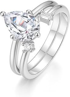18K White Gold Promise Ring Set for Women Real Gold, Pear Moissanite Open Stacker Double Band Ring Personalized