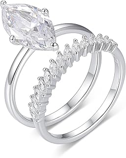 18K White Gold Wedding Ring Set for Women Real Gold, Marquise Moissanite Stacker Double Band Ring Personalized