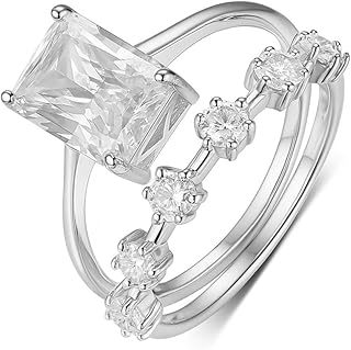 18K White Gold Wedding Ring Set for Women Real Gold, Rectangular Moissanite Stackable Double Band Ring Personalized