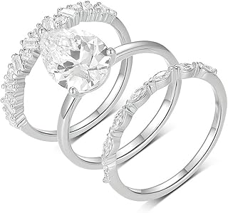 18K White Gold Ring Set for Women Real Gold, Pear Moissanite Triple Stackable Band Ring Personalized