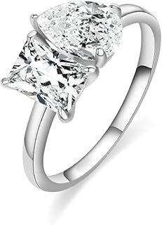 18K White Gold Duo Stone Ring for Women, Rectangular Pear Moissanite Promise Ring Real Gold Personalized