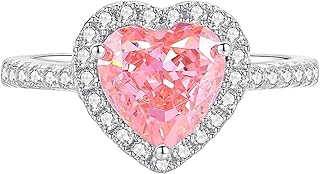 Promise Rings For Her, 9K White Gold Luxury Women Ring with 2ct Heart Lab Created Padparadscha Sapphire and Moissanite