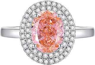 Wedding Bands For Women, 9K/14K/18K White Gold/Platinum 950 Halo Promise Ring for Her with 2ct Oval Lab Created Padparadscha Sapphire 7x9mm and Moissanite