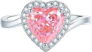 Wedding Bands For Her, 18K White Gold/Platinum 950 Twisted Halo Engagement Ring with 2ct Heart Lab Created Padparadscha Sapphire and Moissanite