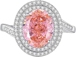 Wedding Rings For Women, 9K/14K/18K White Gold/Platinum 950 Twisted Halo Moissanite Engagement Ring for Her with 3ct Oval Lab Created Padparadscha Sapphire 8x10mm