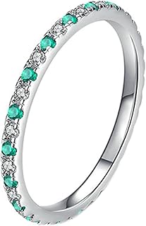 Anniversary Promise Ring for Women, 18K White Gold Engagement Rings for Women 1.63MM Stackable Thin Round Emerald and Moissanite Rings White Gold