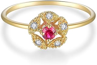 9K/14K/18K Yellow Gold Women's Vintage Thin Ring Hollow Flower with Round Ruby 0.1ct and Diamond 0.05ct