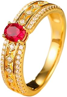 9K/14K/18K Yellow Gold Vintage Engagement Ring for Women Hollow Rhombus Design with Oval Lab Ruby 0.7ct and Moissanite
