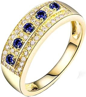 9K Yellow Gold Engagement Ring for Women, Promise Wedding Rings Wide Luxury with Round Sapphire 0.15ct and Diamond Anniversary Rings for Women Yellow Gold