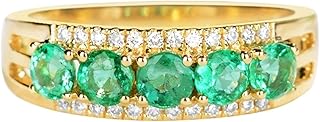 9K Yellow Gold Engagement Ring for Women, Wedding Anniversary Rings Wide Elegant Round Emerald 0.45ct and Diamond Promise Rings for Women Yellow Gold