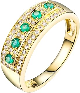 9K Yellow Gold Engagement Ring for Women, Promise Anniversary Rings Wide Luxury with Round Lab Created Emerald 0.15ct and Diamond Wedding Ring for Women Yellow Gold