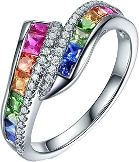 9K White Gold Promise Rings for Women, Engagement Anniversary Rings Elegant Square Colorful Sapphire and Round Diamond Wedding Band for Women White Gold