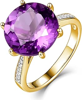 9K Yellow Gold Engagement Ring for Women, Wedding Anniversary Rings Luxury 6 Prong Round Amethyst 6ct and Diamond Promise Ring for Her Yellow Gold