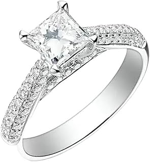 9K/14K/18K White Gold Engagement Rings in Created Diamond, Luxury Square Halo Pave Row Ring Women Statement Ring with 0.5ct Princess Lab Grown Diamond Real Gold Personalized