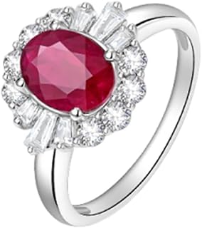 9K/14K/18K White Gold Promise Ring in Created Ruby, Classic Flower Gemstone Ring for Women, Real Gold Wedding Bands with 1ct Oval Lab Grown Ruby and Moissanite Personalized