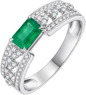 White Gold Emerald Promise Ring 9K/14K/18K, Luxury Rectangular Halo Pavé Row Band for Women, Gold Engagement Rings with Natural Emerald 0.45ct and Diamonds Personalized