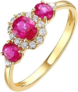 9K/14K/18K Yellow Gold Ruby Promise Rings, Elegant Three Stone Ring Women Anniversary Band with Oval Natural Rubys 0.9ct and Pave Diamonds Real Gold Personalized