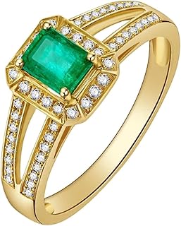 9K/14K/18K Yellow Gold Emerald Wedding Rings for Her, Classic Double Row Ring Real Gold Engagement Ring with Natural Emerald 0.45ct and Pave Diamonds Personalized